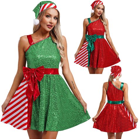 YOOJIA Women Christmas Costume Santa Claus Costume Sleeveless Sequins ...