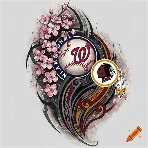 Tattoo design combining Washington Nationals and Redskins logos with cherry blossoms and tribal ...