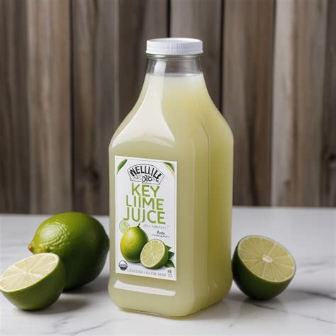 Freshly Squeezed Key Lime Juice in a Bottle with Limes Nearby.