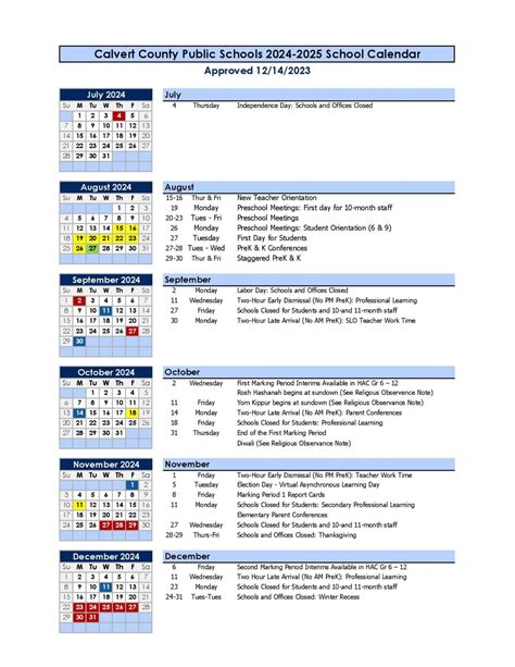Calvert County Public Schools Calendar 2025-2026 in PDF