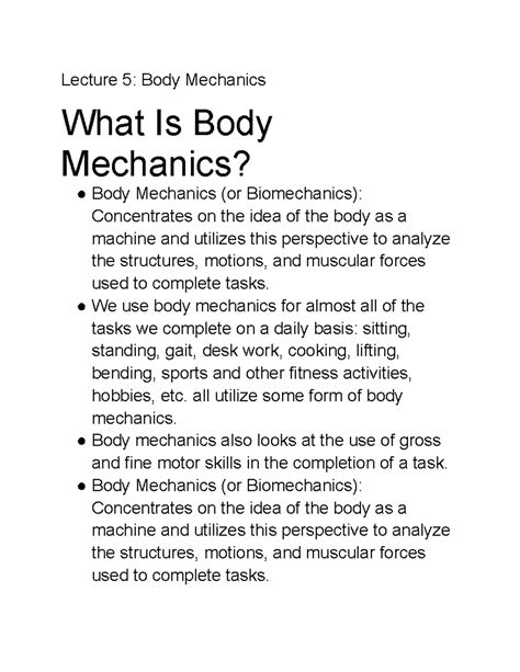 Lecture 5 Body Mechanics - Lecture 5: Body Mechanics What Is Body ...