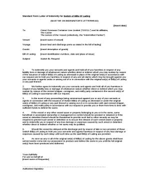 Standard Letter of Indemnity for Switch of Bills Of Lading Doc Template ...