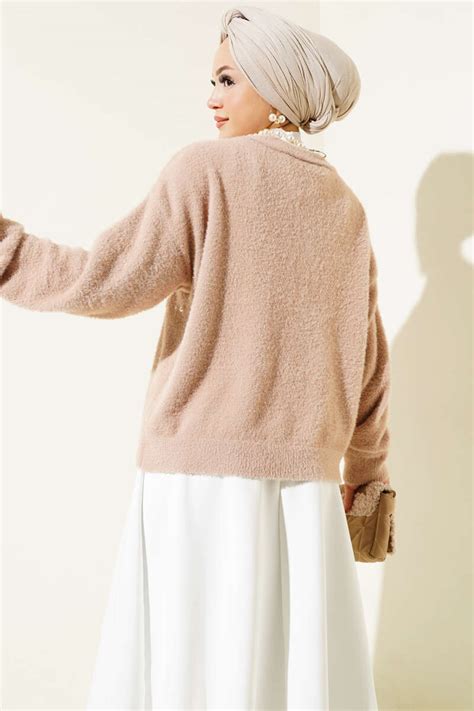 Beaded Stone Embellished Short Cardigan in Biscuit | Shaghaf Store