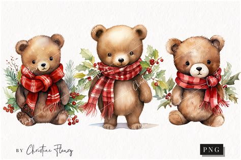 Watercolor Christmas Bears Clipart Graphic by Christine Fleury ...