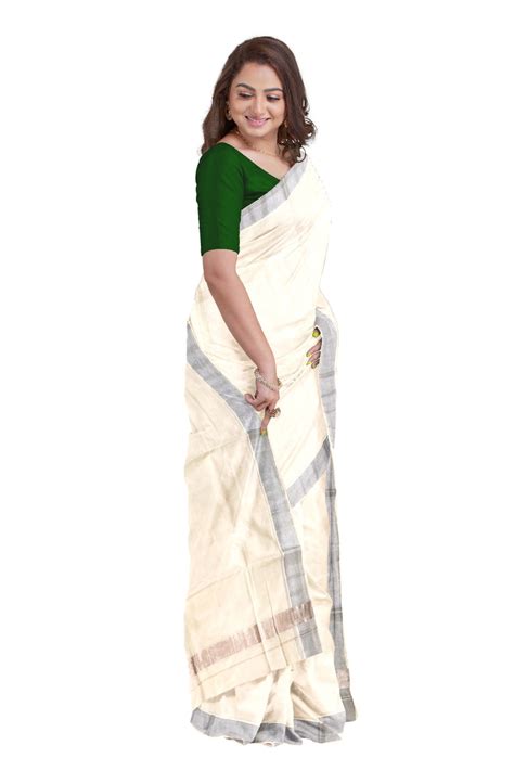 Pure Cotton Kerala Saree with 2x2 Silver Kasavu Border – Southloom.com ...