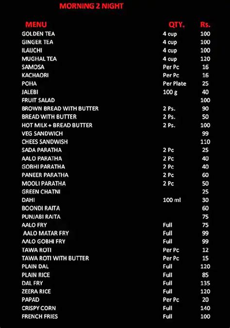Menu at Morning 2 night, Bhopal