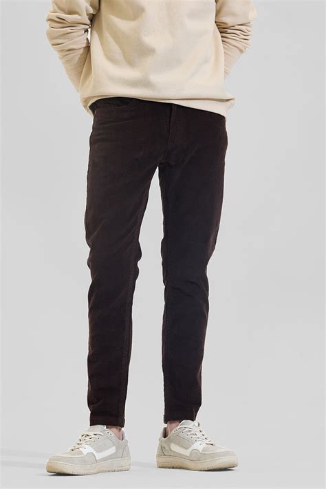 Buy Men's Dark Brown Corduroy Slim Fit Trousers Online | Snitch – SNITCH