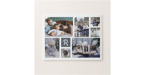 Family Photo Collage Monogrammed 7 Pictures White Jigsaw Puzzle ...