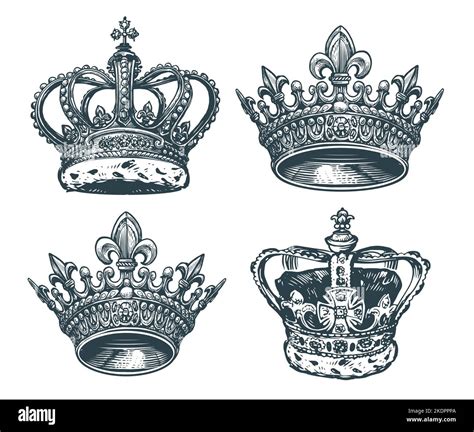 Royal golden crown with gems. King, queen symbol. Hand drawn sketch vector illustration in ...