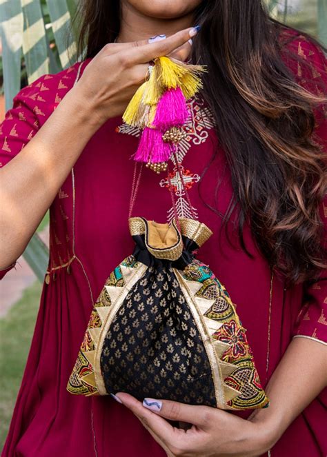 Get Meeenakari Side Printed Black Potli at ₹ 899 | LBB Shop