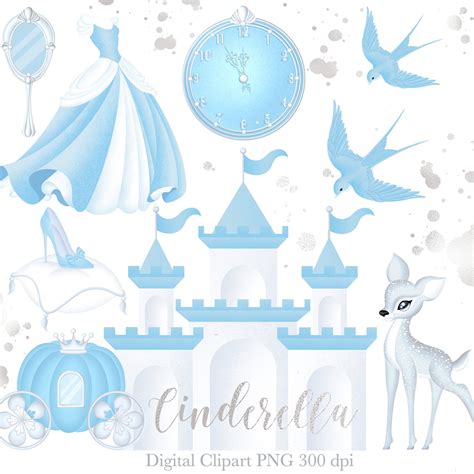 Cinderella Clipart, Silver Cinderella, Castle Clipart, Blue and White ...