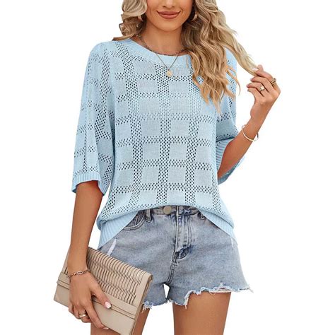 Women's White Knit Mesh Cover Up, Round Neck Half Sleeve Openwork Sun ...