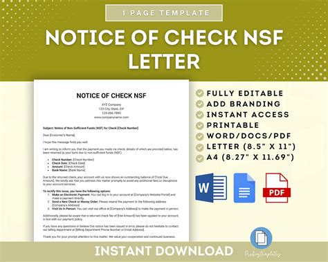 Notice of Check NSF Letter, Non-sufficient Funds Check Notice, Bounced ...