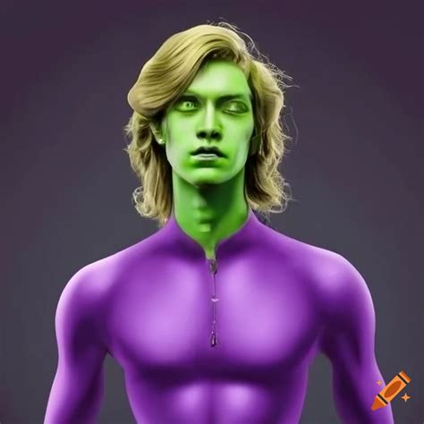 Image of a teenage superhero with green skin and long blond hair on Craiyon