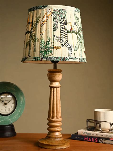 Get the Wooden Pillar Brown Lamp with Pleeted Multicolor Green Shade ...