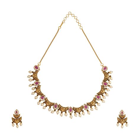 Buy KUSHAL'S Fashion Jewellery Ruby Gold Polished Antique Necklace Set ...