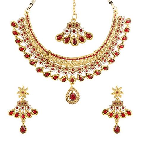 Buy Moneekar Jewels Red & White Crystal Gold Plated Ethnic Necklace Set ...