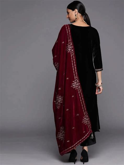 Buy Black Yoke Design Velvet Straight Kurta With Dupatta Online at Rs ...