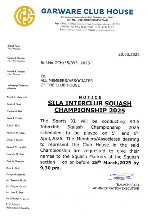 Notice Dt. 20.03.2025 - SILA Interclub Squash Championship 2025 ...