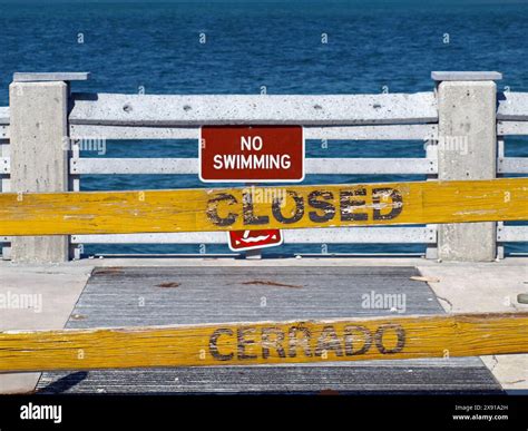 No swimming sign to Biscayne Bay in English and Spanish Stock Photo - Alamy