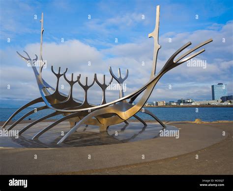 Sun Voyager Sculpture on the waterfront at Reykjavik, Iceland, with a ...