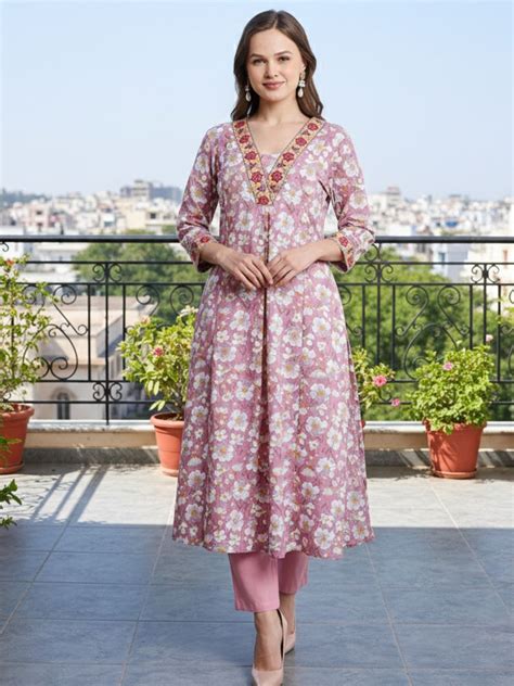 Lilac V-Neck Floral Print Kurta with Neck & Sleeve Embroidery – Saffron ...