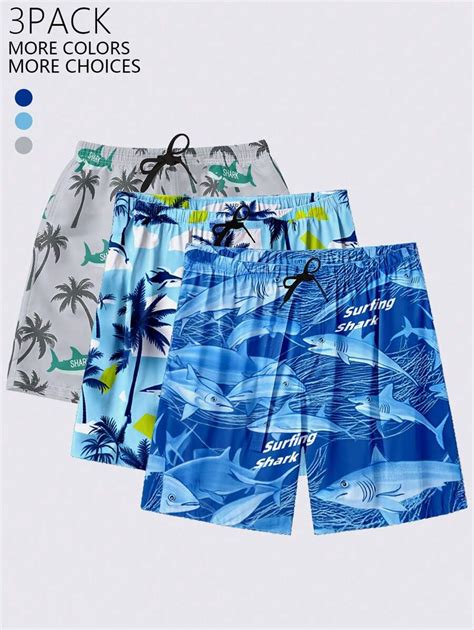Manfinity Swimmode 3PCS Men's Palm Tree Letter Print Drawstring Waist ...