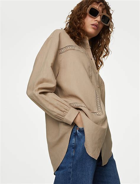 Buy Linen Rich Collared Lace Insert Shirt at Marks & Spencer