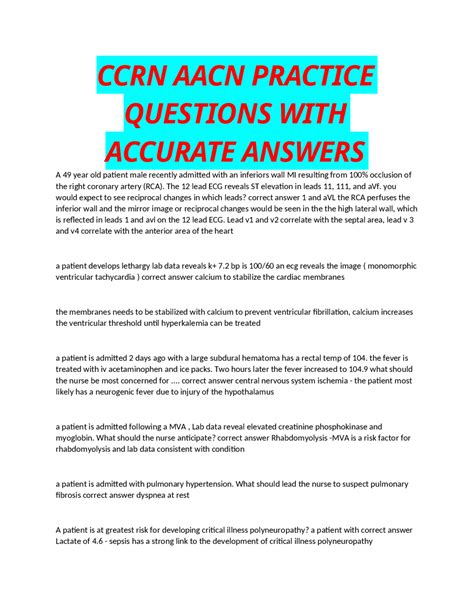 CCRN AACN PRACTICE QUESTIONS WITH ACCURATE ANSWERS | Exams Nursing ...