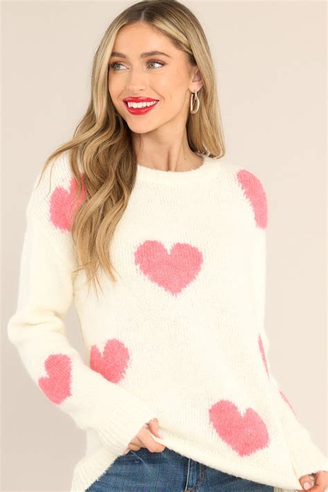 Ivory & Pink Heart Sweater - Sweaters | Red Dress