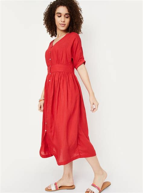 Buy Women Solid V-Neck Fit and Flare Dress Online at just Rs. 999.0 ...