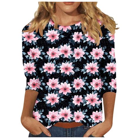 ZQGJB Floral Shirts for Women Plus Size Womens Cute 3/4 Length Sleeve ...