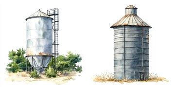 Watercolor painting of two old metal silos | Premium AI-generated image