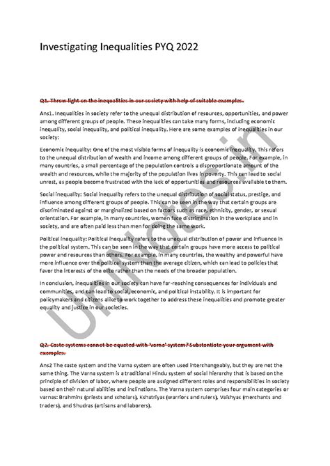Exploring Social Inequalities in Society: PYQ 2022 Analysis - Studocu