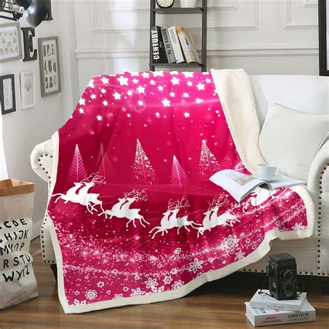 YST Pink Christmas Sherpa Blanket For Girls Queen 90"X90" Xmas Reindeer ...