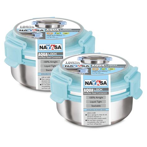 Buy Nayasa Round Aqua Lock Stainless Steel Containers 300 ML - Set of 2 ...