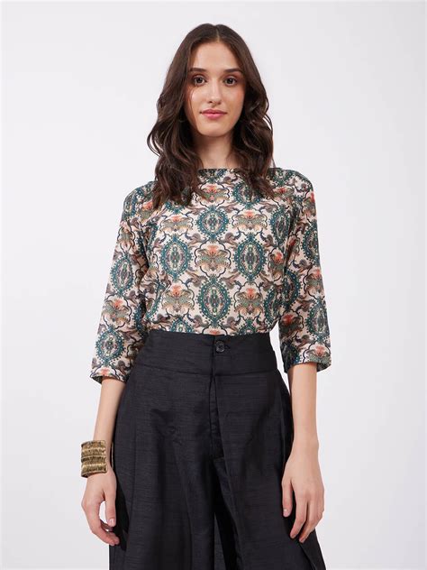 Buy Multicolour Chanderi Boat Neck Top Online | FableStreet