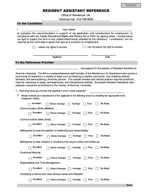 Fillable Online alvernia RESIDENT ASSISTANT REFERENCE Fax Email Print ...