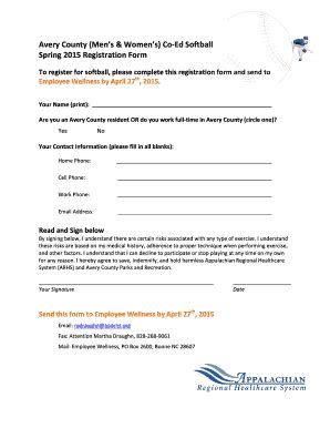 Fillable Online lyl apprhs CMH 2015 Co-Ed Softball Registration form ...
