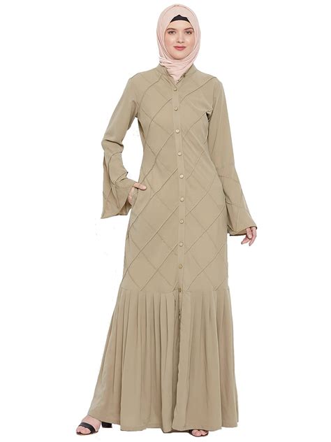 Momin Libas Beige Polyester Front Open Abaya Burqa with Pleated Work ...
