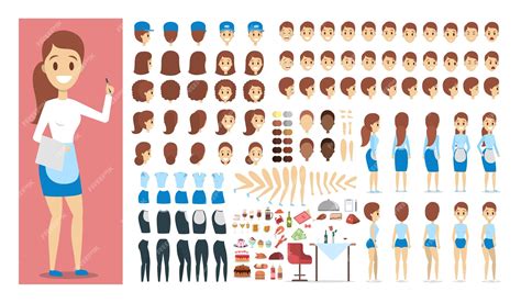 Waiter female character in uniform set or kit for animation with ...
