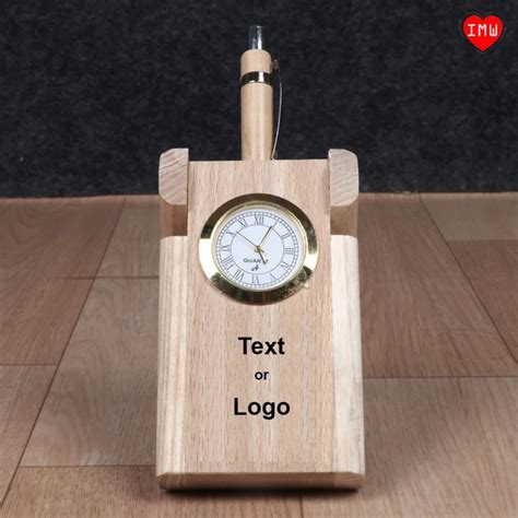 Wooden Pen stand with Analog Clock | Customise Logo Engrave