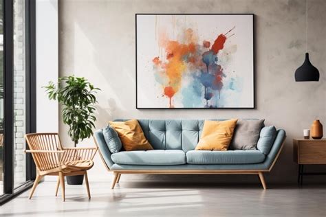 Blue sofa and chair in a room with a colorful painting on the wall ...