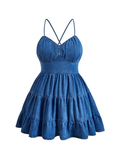 SHEIN EZwear Plus Size Spaghetti Strap Cross Back Ruffle Hem Pleated ...