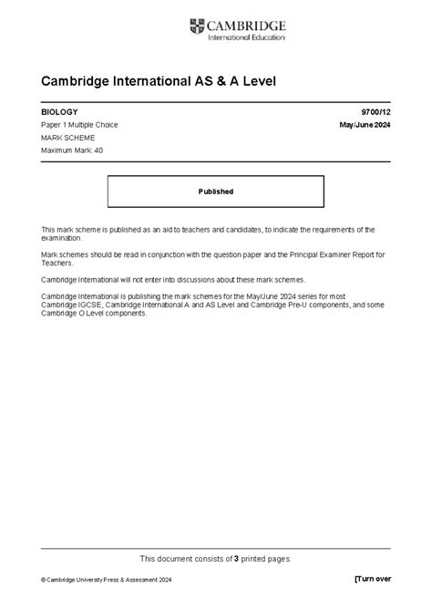 Biology 9700 S24 MS 12 - Exam Mark Scheme May/June 2024 - Studocu