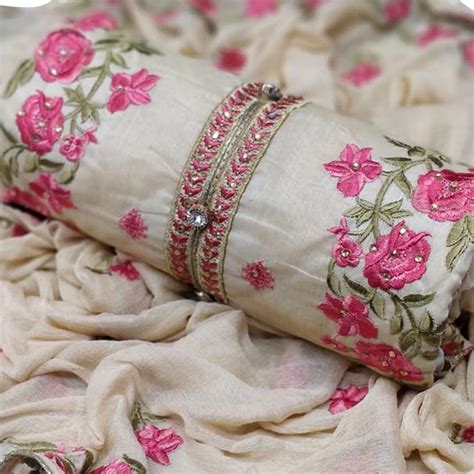 Off White - Pink Embroidered Chanderi Dress Material