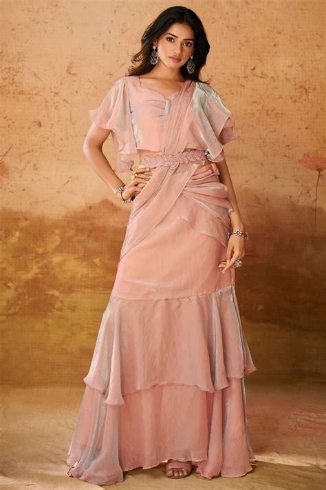 Buy Baby Pink Organza Ready To Wear Saree From Designer Lehenga Choli