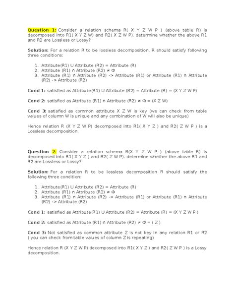 Q on Lossless and Lossy Decomposition - Question 1: Consider a relation ...