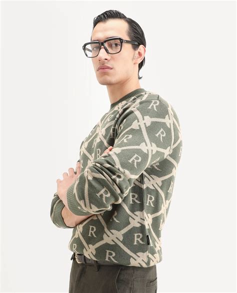 Buy Post - Dark Olive Regular Fit Monogram Print Sweater| Rare Rabbit