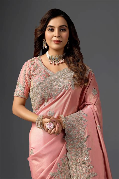 Dusty Rose Tissue Saree With Intricate Cutdana Border – Mangalsakhi